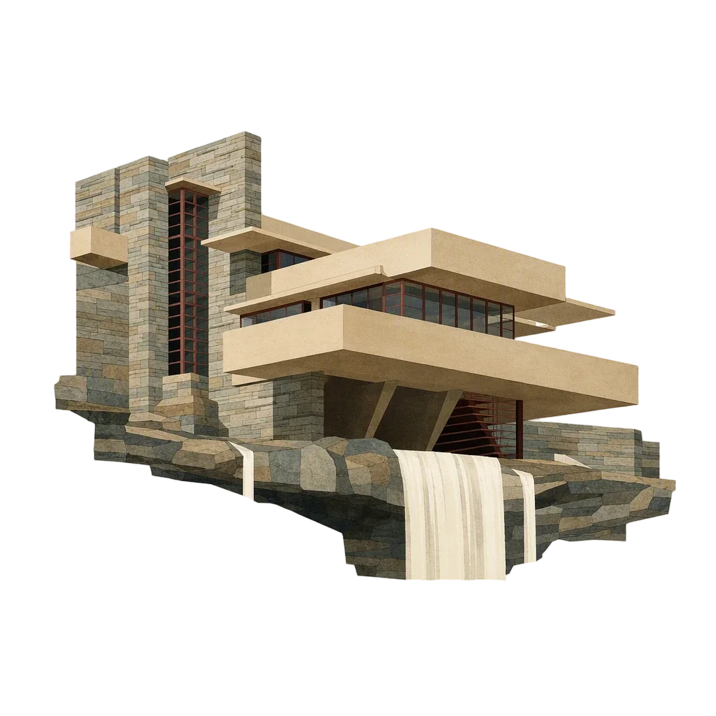 Illustrated portrait of Fallingwater, with its terraced house above the waterfall