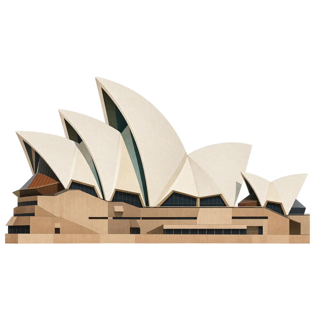 Illustrated portrait of Sydney Opera House, with ivory sails and warm sandstone tones